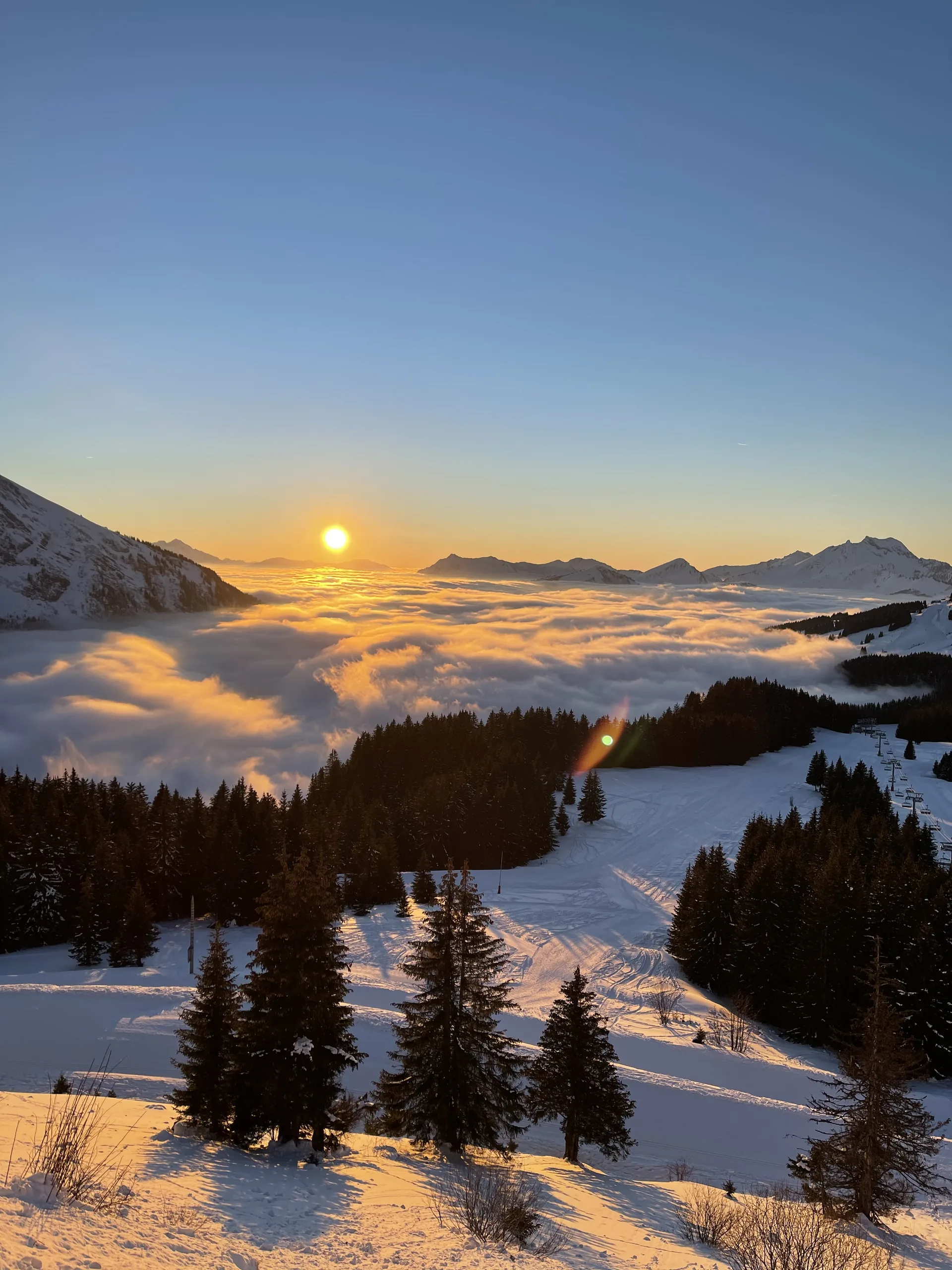 Soleil bas au-dessus d’une mer de nuages, entre sapins et montagnes enneigées